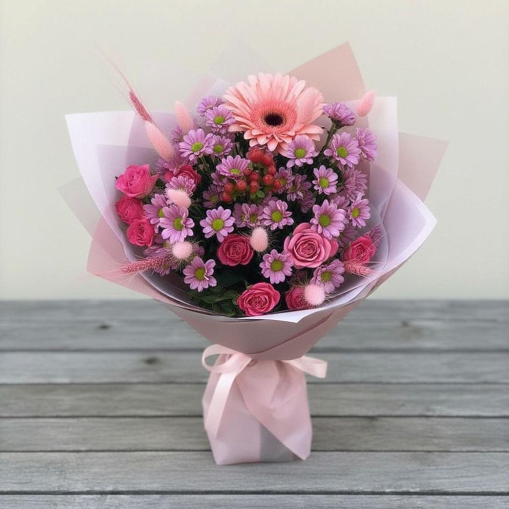 Букет цветов из: Розы, Герберы и Хризантемы в Красной Яруге