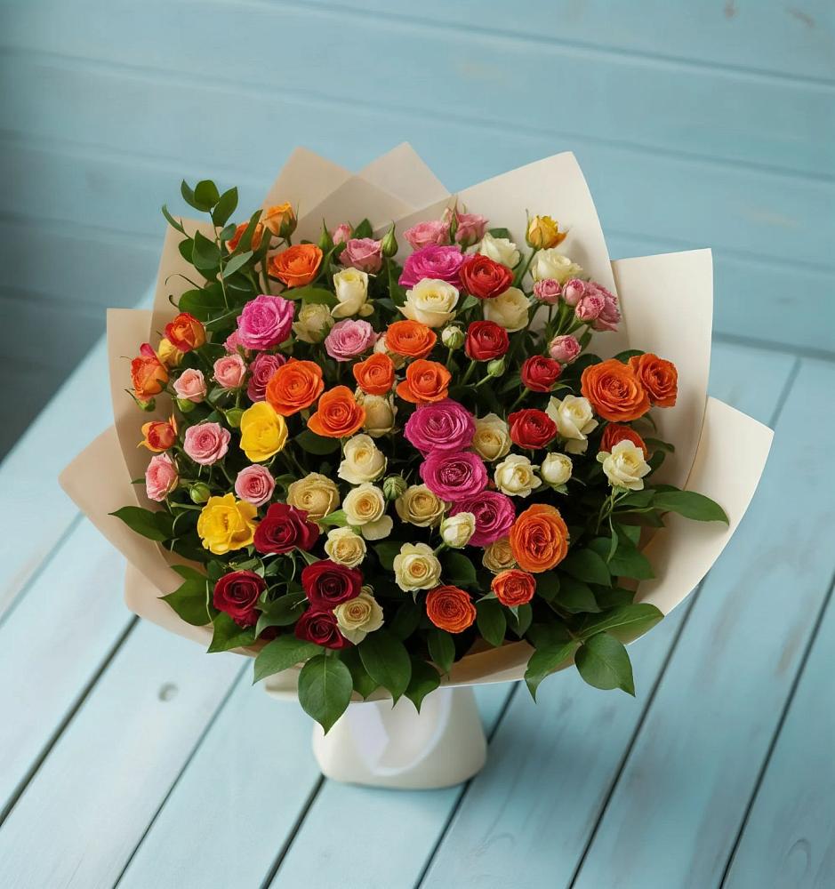 Букет Микс из разноцветных кустовых роз в Красной Яруге