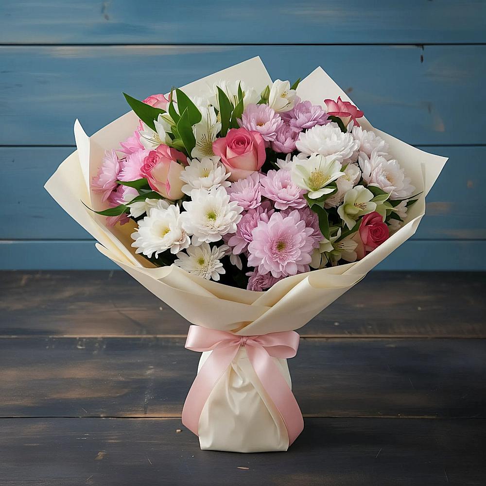 Букет цветов из: Хризантемы, Альстромерии и Розы в Красной Яруге